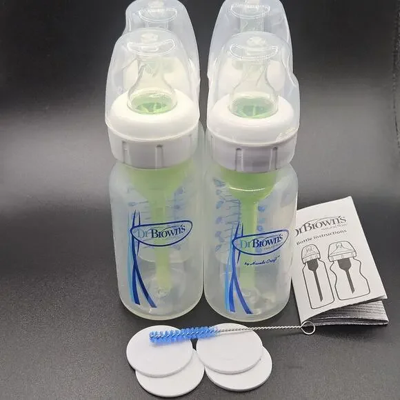 Dr. Brown's Natural Flow 4oz Baby Bottles Set of 4 w/ Caps, Vent Inserts & Brush