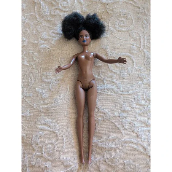 Barbie Doll African American Afro Curly Black Hair Blue Lipstick Lips Nude