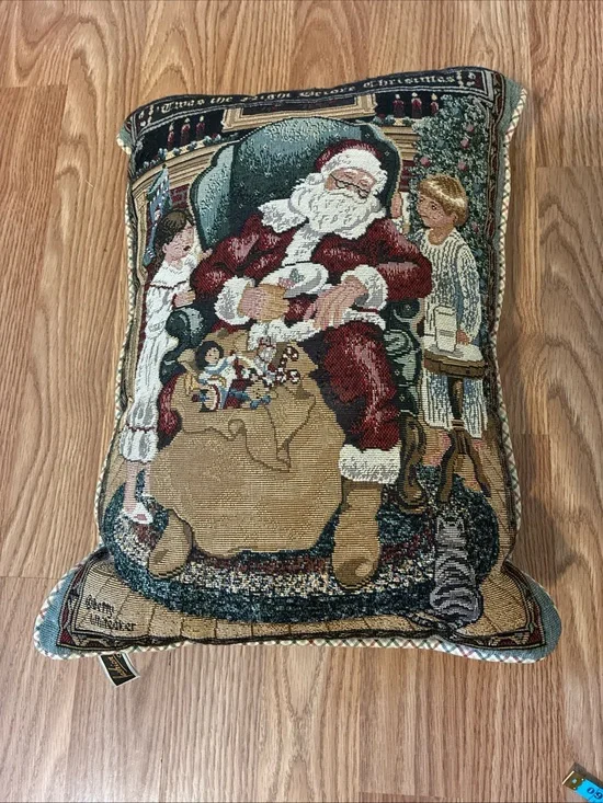 Holiday Santa Tapestry Throw Pillow - Quilted Festive Cushion