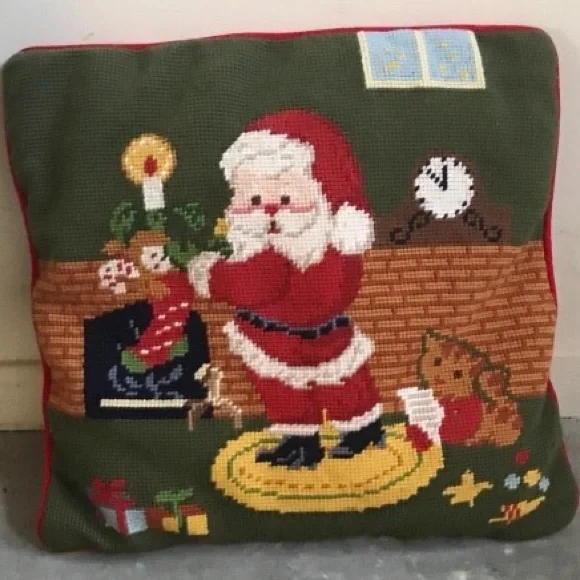 Vintage Santa Claus Needlepoint Throw Pillow 12x12 Christmas Decor Holiday