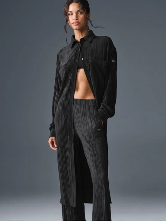 NWOT ALO Yoga Micro Plisse Shirt Dress Black Casual Athleisure Women’s Size XS