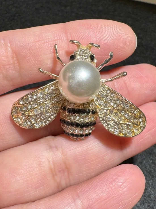 Gold Bee Brooch with Pearl Accent and Clear/Black Crystals