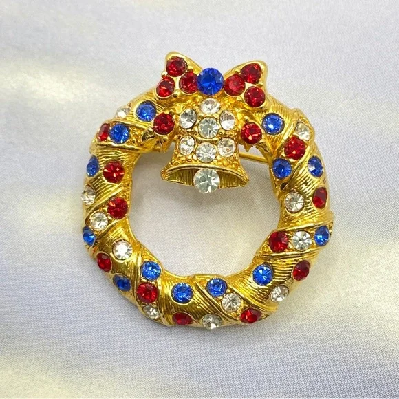 Goldtone Christmas Wreath Red & Blue Rhinestone Brooch