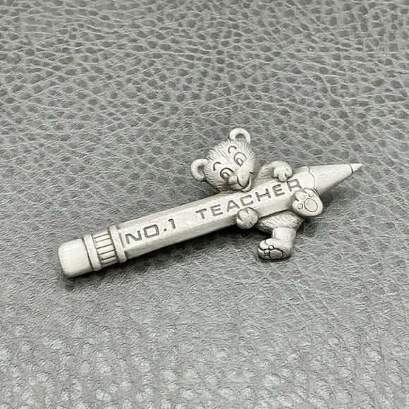 Vintage JJ Brooch Teacher Pin Silver Tone No.1 Teacher Bear Pencil 2.5 Inch