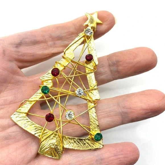 Christmas Tree Brooch Large Goldtone Modern Style With Rhinestones
