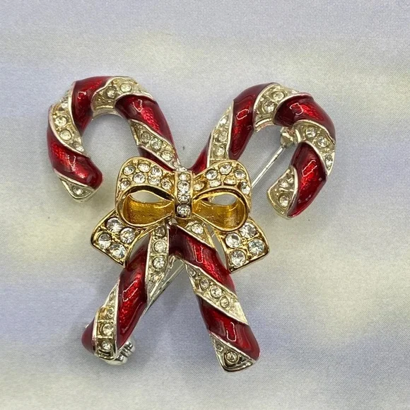 Candy Canes Rhinestone Silver Tone Holiday Christmas Brooch