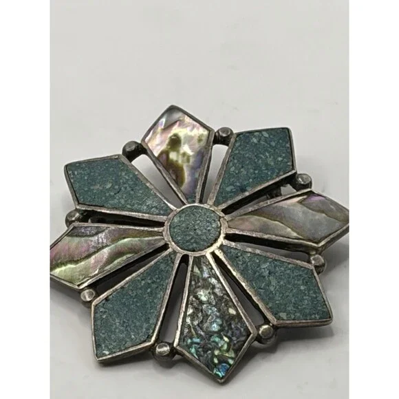 Vintage Mexico 925 Sterling Silver Abalone Crushed Turquoise Flower Brooch Pin