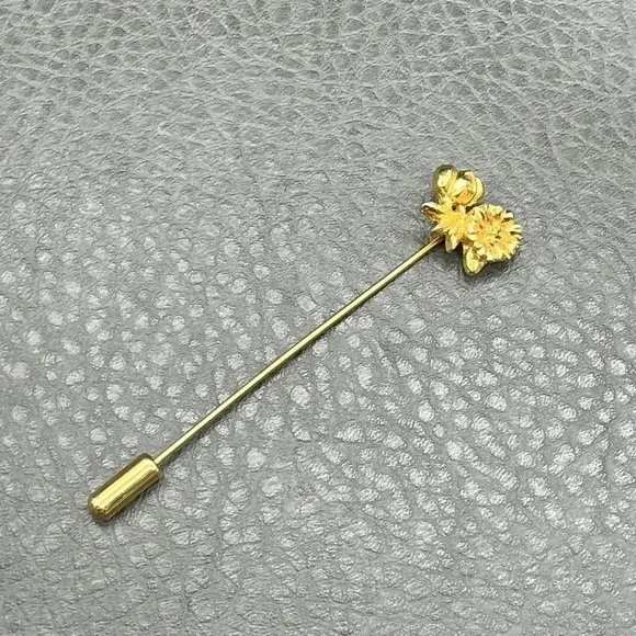 Vintage Stick Pin Gold Tone Floral Lapel Hat Flower Brooch Womens Fashion 2.5