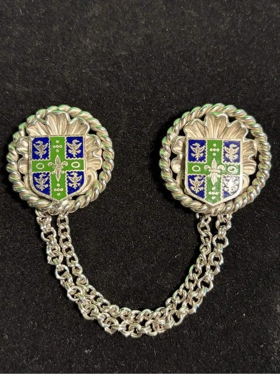 Vintage Heraldic Chatelaine double pin Brooch Silver-tone Green and Blue Enamel