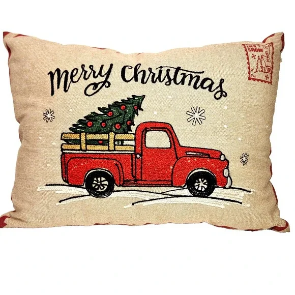 Merry‎ Christmas Decor Throw Pillow Red Truck Tree 18x12 Textured Zipper Closure