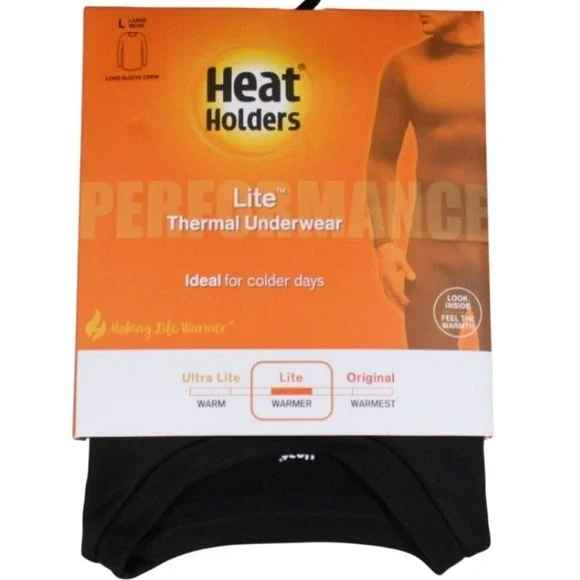 Heat Holders Lite Thermal Underwear Long Sleeve Crew Top Black Mens Large 42-44