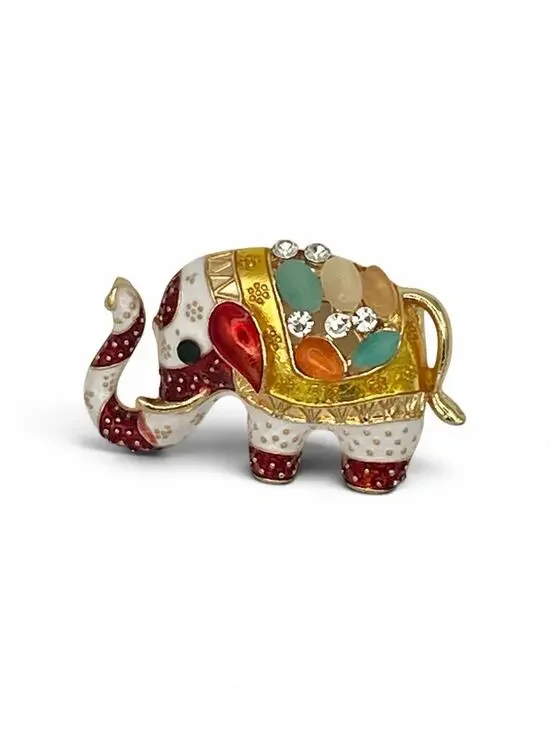 Rhinestone Elephant Brooch Pin Colorful Jewel Studded Gold Tone Trunk Up