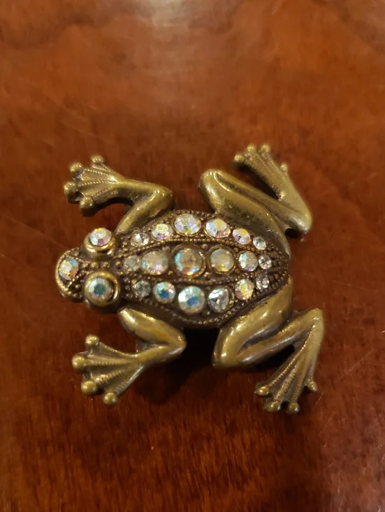 Vintage Gold Frog Brooch with Rhinestones