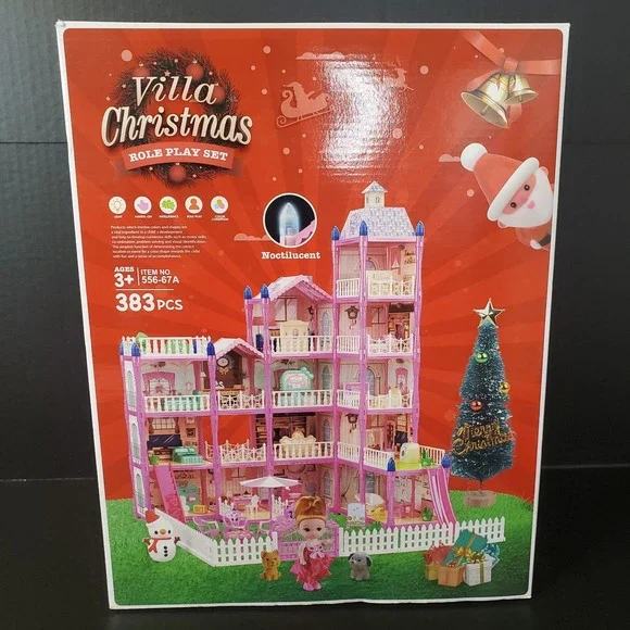 Villa Christmas Role Play Dollhouse Set 383 Pieces Interactive Lights Up NEW