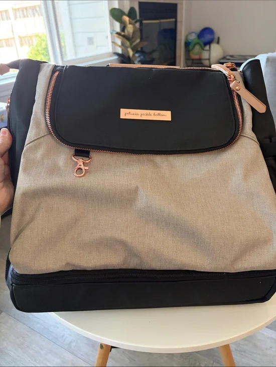 Petunia Pickle Bottom Black & Beige Backpack Bag with Rose Gold Accents