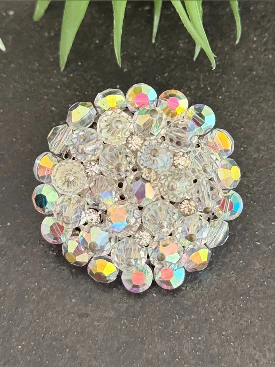 Vintage 50s Retro Aurora Borealis Glass Bead Clear Rhinestone Cluster Brooch