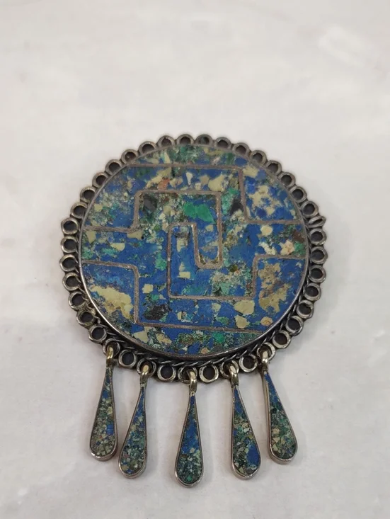 Vintage Taxco Sterling Silver Round Mosaic Brooch/Pendant