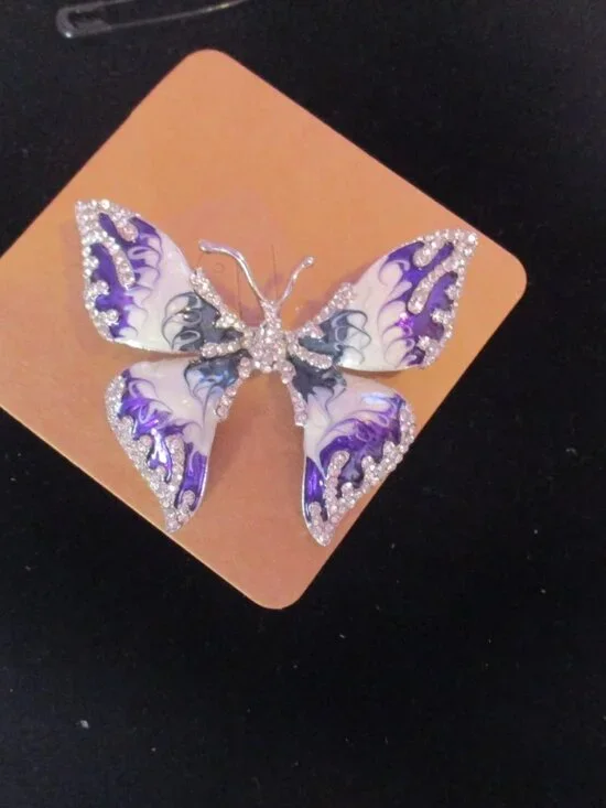 Butterfly Brooch Purple and White Enamel with Rhinestone Accents Wings and Body