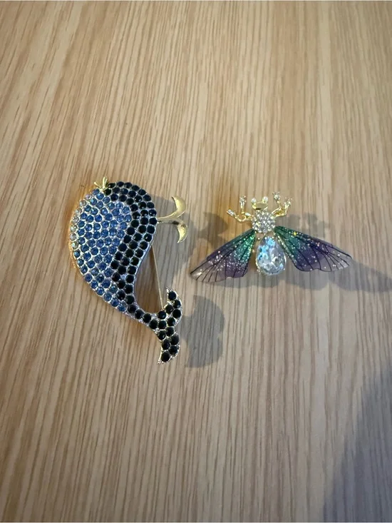 Blue Crystal Whale & Iridescent Bug Brooches New