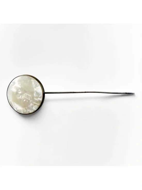 Antique Vintage Large Round Mother of Pearl Stick Pin Hat Lapel Pin