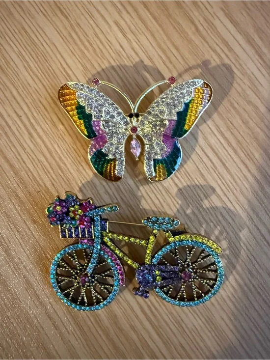 2 Brooches a Bicycle and a Butterfly Rhinstone New