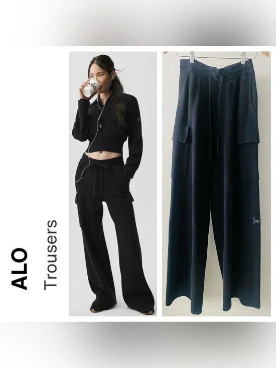 ALO Yoga Black Scholar Knit High-Waist Cargo Pant Trousers