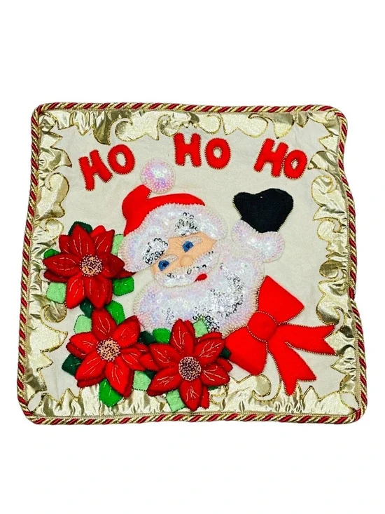 Vtg Ho Ho Ho Embroidered Sequin Santa Claus Pillow Case Handmade Festive