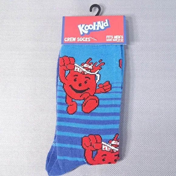 One Pair Kool-Aid Man Oh Yeah Blue/Red Novelty Crew Socks Men's Shoe‎ Size 6-12