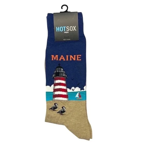Hot Sox Mens Maine Lighthouse Socks Dark Blue Beach Scene Novelty‎ NEW