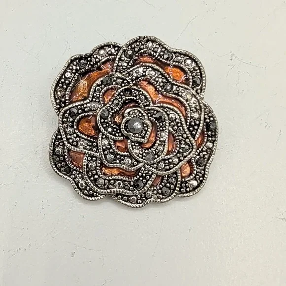 Vintage Cast Pot Metal Orange Enamel Faux Marcasite‎ Layered Rose Flower Brooch
