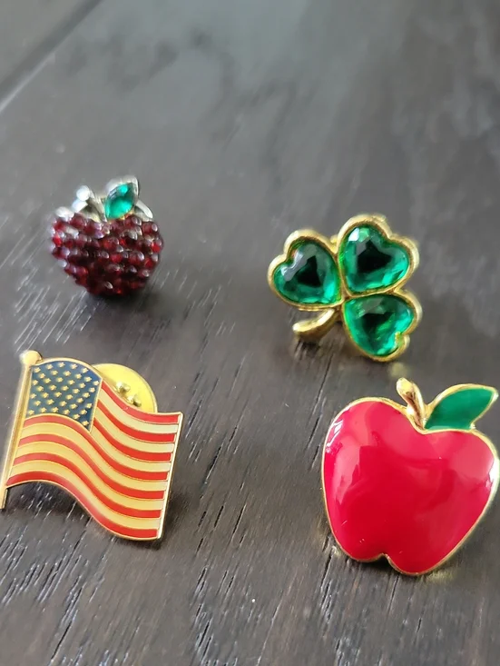 Assorted Enamel Pin Lot - Red Apple, American Flag, Clover & Berry