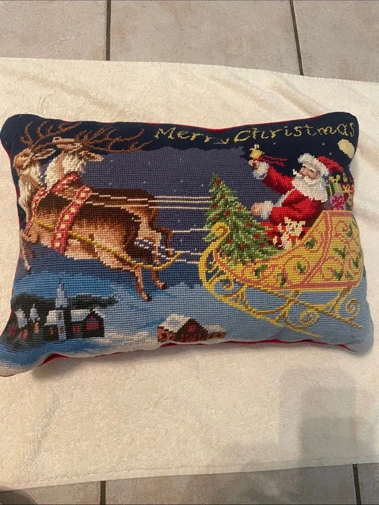 Santa Sleigh Needlepoint Holiday Throw Lumbar Pillow