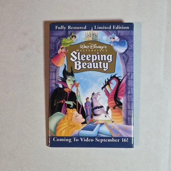 Vintage Disney Sleeping Beauty Coming To Video Promo Pinback Button Blue USA