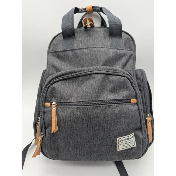 Eddie Bauer First Adventure Diaper Bag Backpack Gray Heather Tan Trim Organizer