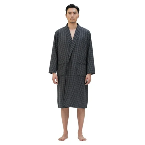 Polo Ralph‎ Lauren Robe Men L/XL Black White Grid Check 100% Cotton Shawl Collar
