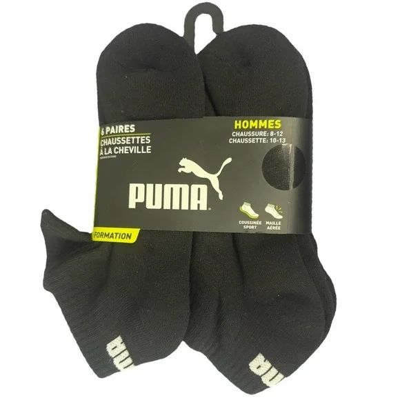 Puma Men's Training Cushioned Black Socks 6 Pairs Quarter‎ Crew Size 10-13 New