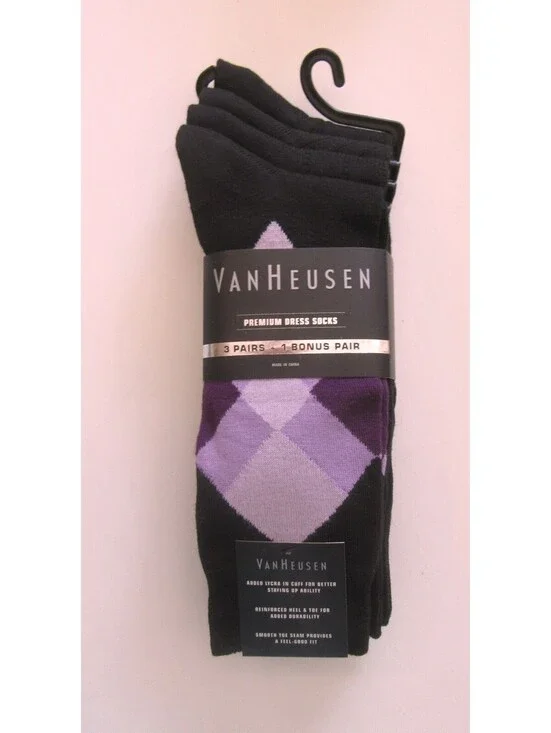 Van Heusen Premium Crew Dress Socks Black & Purple Argyle / Black 4 Pack NWT