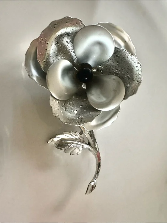 Beautiful Vintage Celebrity NY Flower Brooch Silver Tone Large Rose Black Center