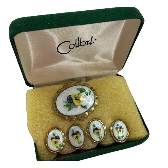Vintage Colibri Brooch Earrings Pin Oval Cameo Flower Gold Yellow Blue 5pcs