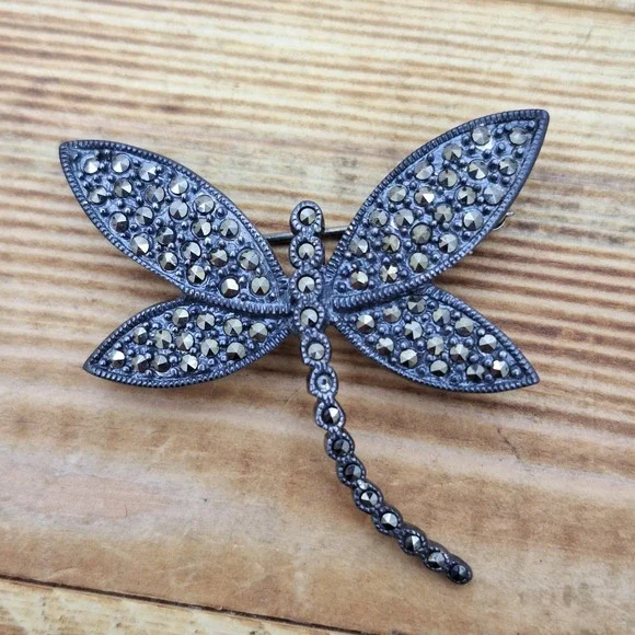 Dragonfly Brooch Pin Sterling Silver 925 Marcasite‎  CFJ - Missing A Stone
