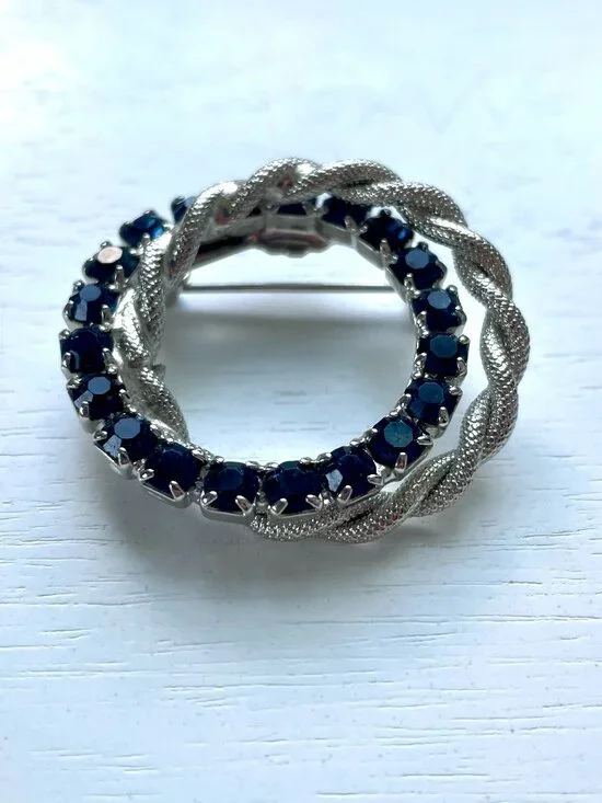Vintage Double Circle Silver-Tone & Blue Rhinestone Brooch