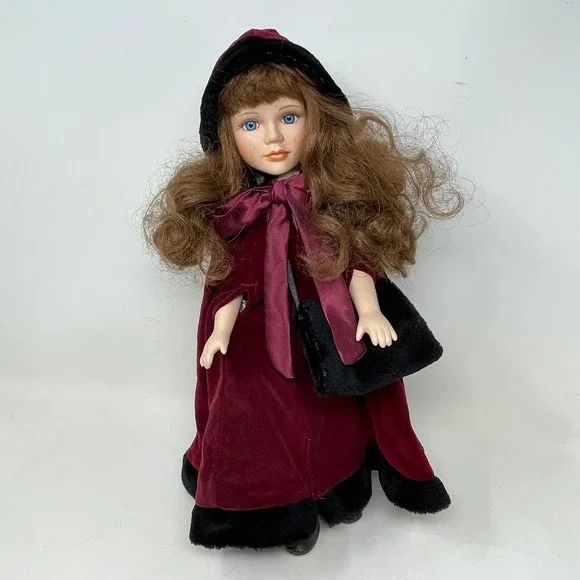 Vintage Porcelain Collector Doll 16 in Burgundy Velvet Hooded Cloak Winter Muff