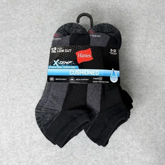 Hanes X-Temp Low Cut Cushioned Socks 12 Pairs Size 6-12 Arch Support Breathable