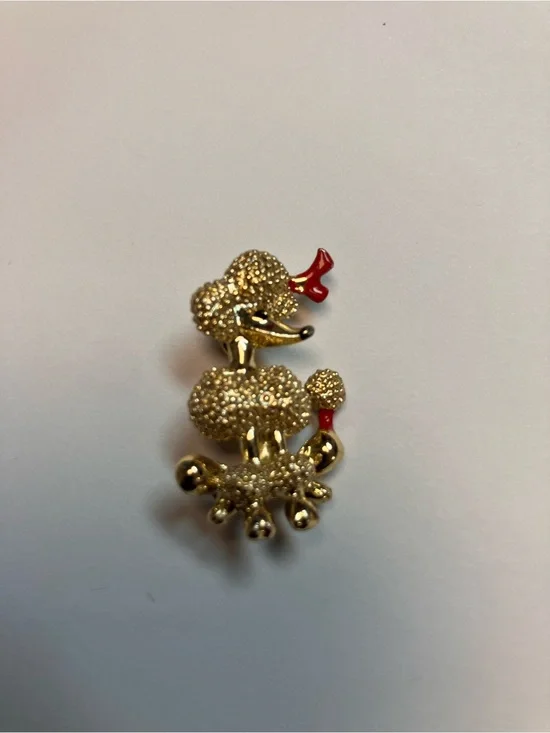 Vintage Gold Tone Poodle Brooch with Red Accents