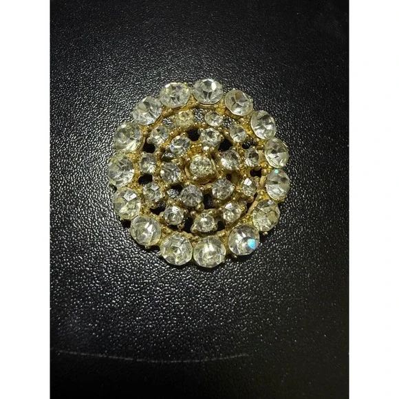 Vintage Gold Tone Clear Rhinestone Round Sunburst Tiered Brooch Pin 1.5 Inch