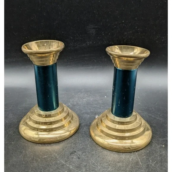 Vintage Brass Candlestick Holders Set of 2 Teal Blue Enamel Gold Tone 3
