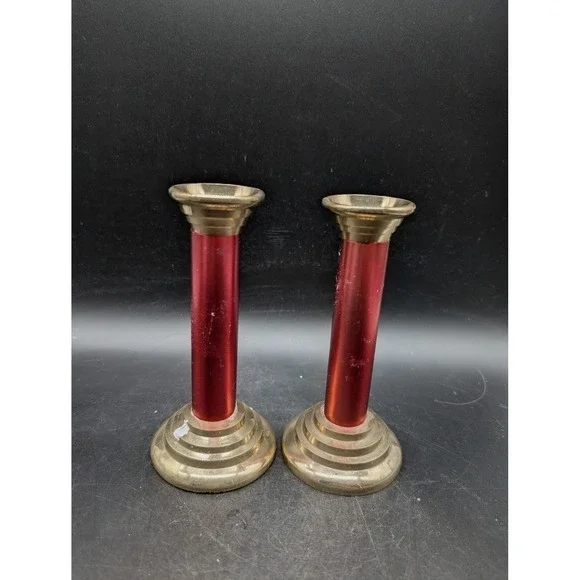 Vintage Brass Red Column Candlestick Holders Pair Mid Century Modern Gold Red 4