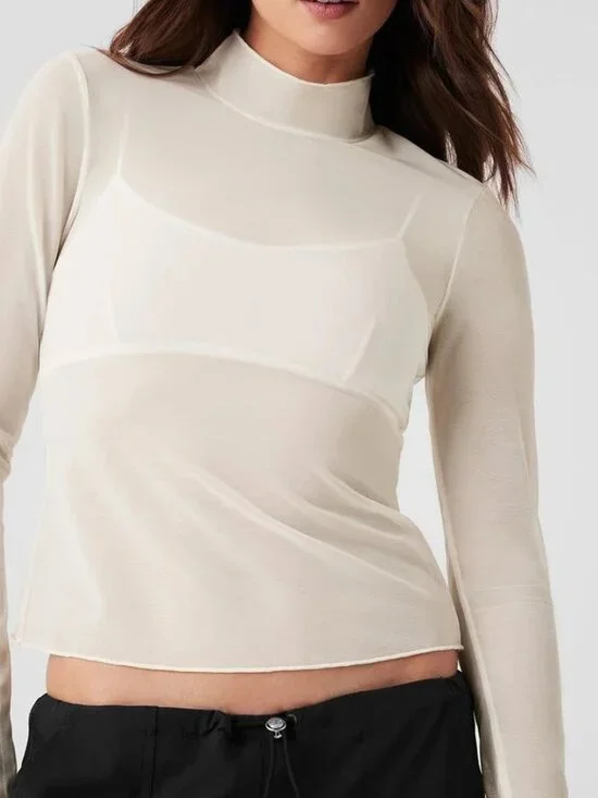 Alo Mesh Sheer Illusion Mock Neck Long Sleeve - Ivory - Size Medium