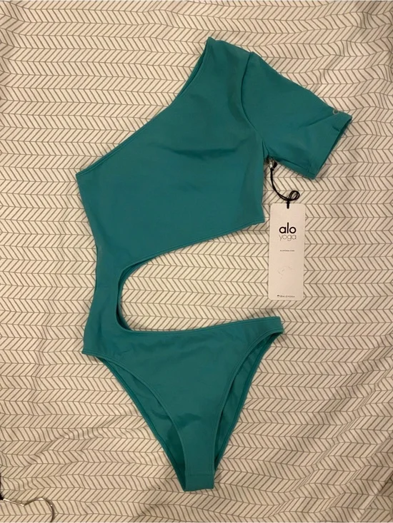 ALO Yoga Teal Asymmetric Cutout One-Piece Swimsuit