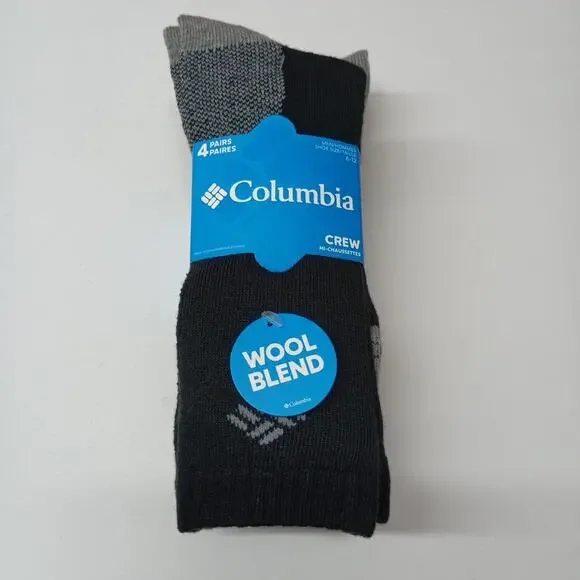 Men's‎ Columbia 4 Pairs Crew Grey Black Socks Size 6-12 Soft Wool Blend
